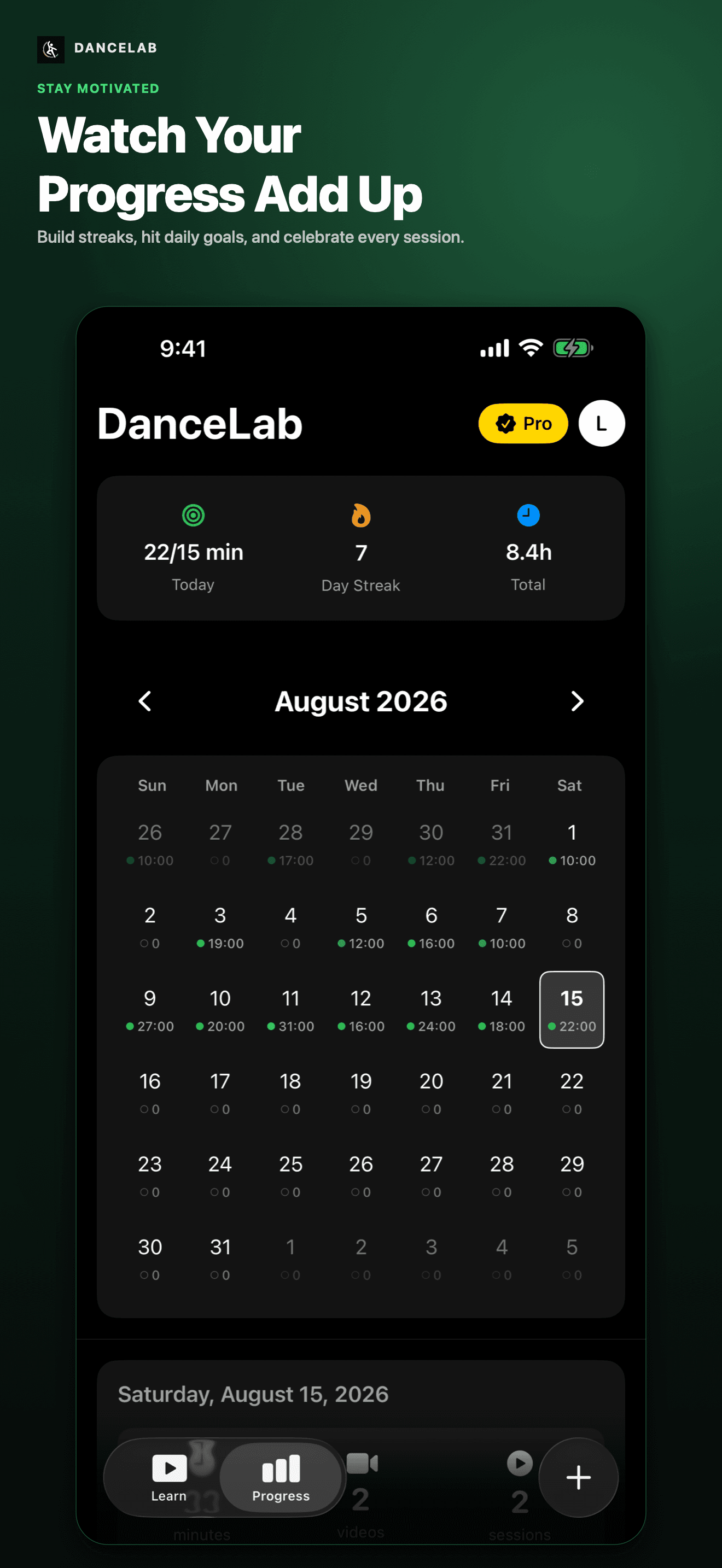 DanceLab App Store screenshot: Watch your progress add up