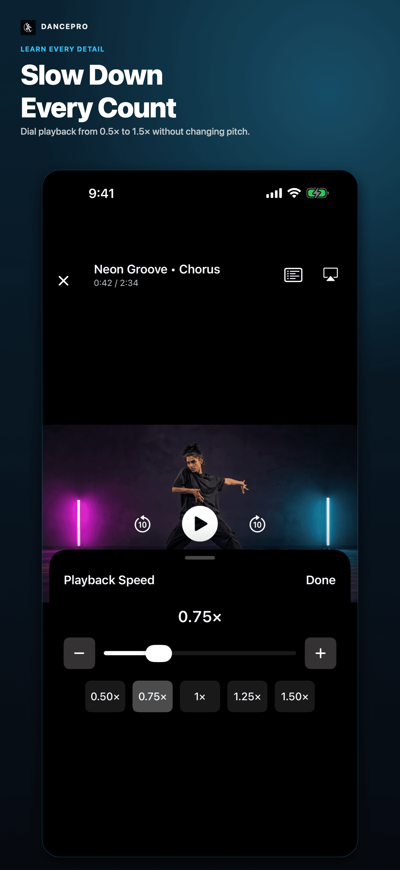 DancePro App Store screenshot: Slow down every count