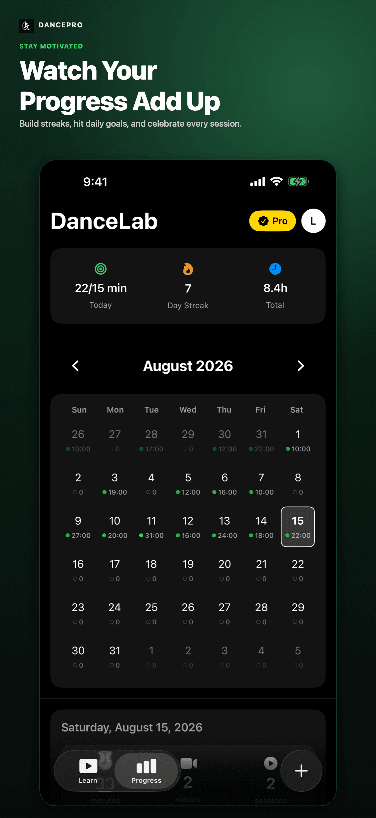 DancePro App Store screenshot: Watch your progress add up