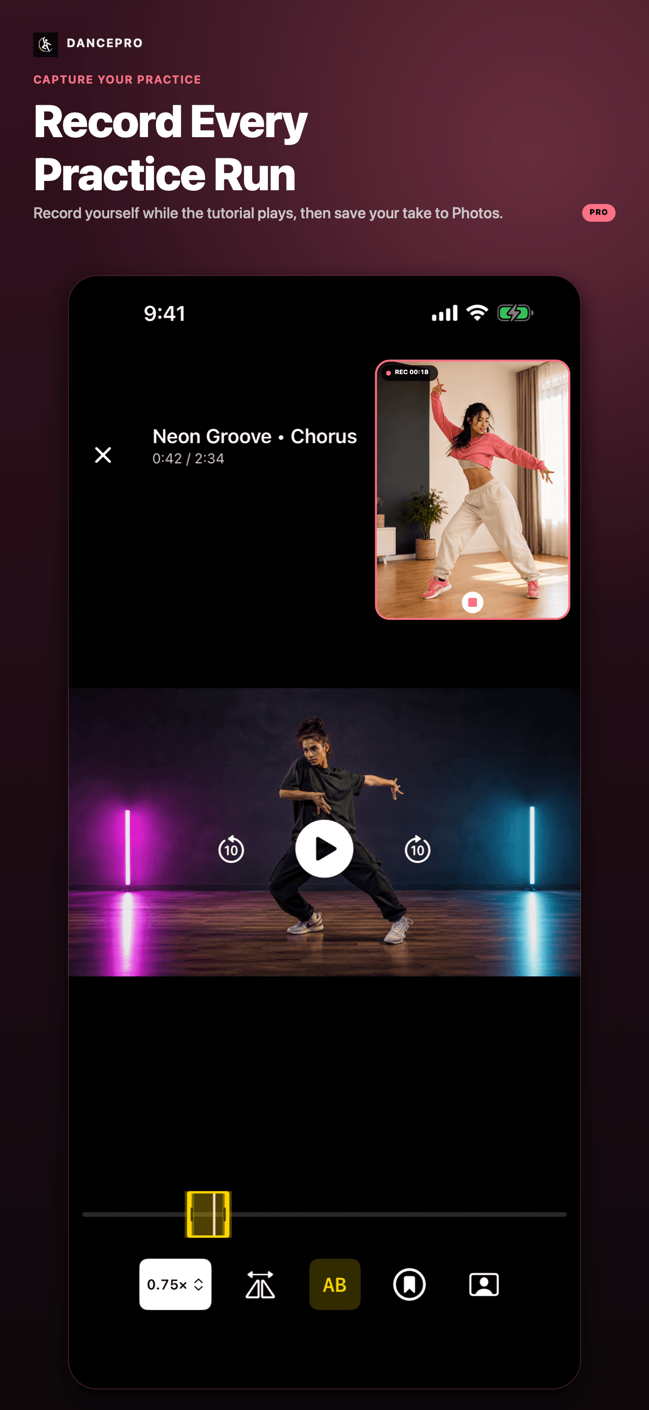 DancePro App Store screenshot: Record every practice run