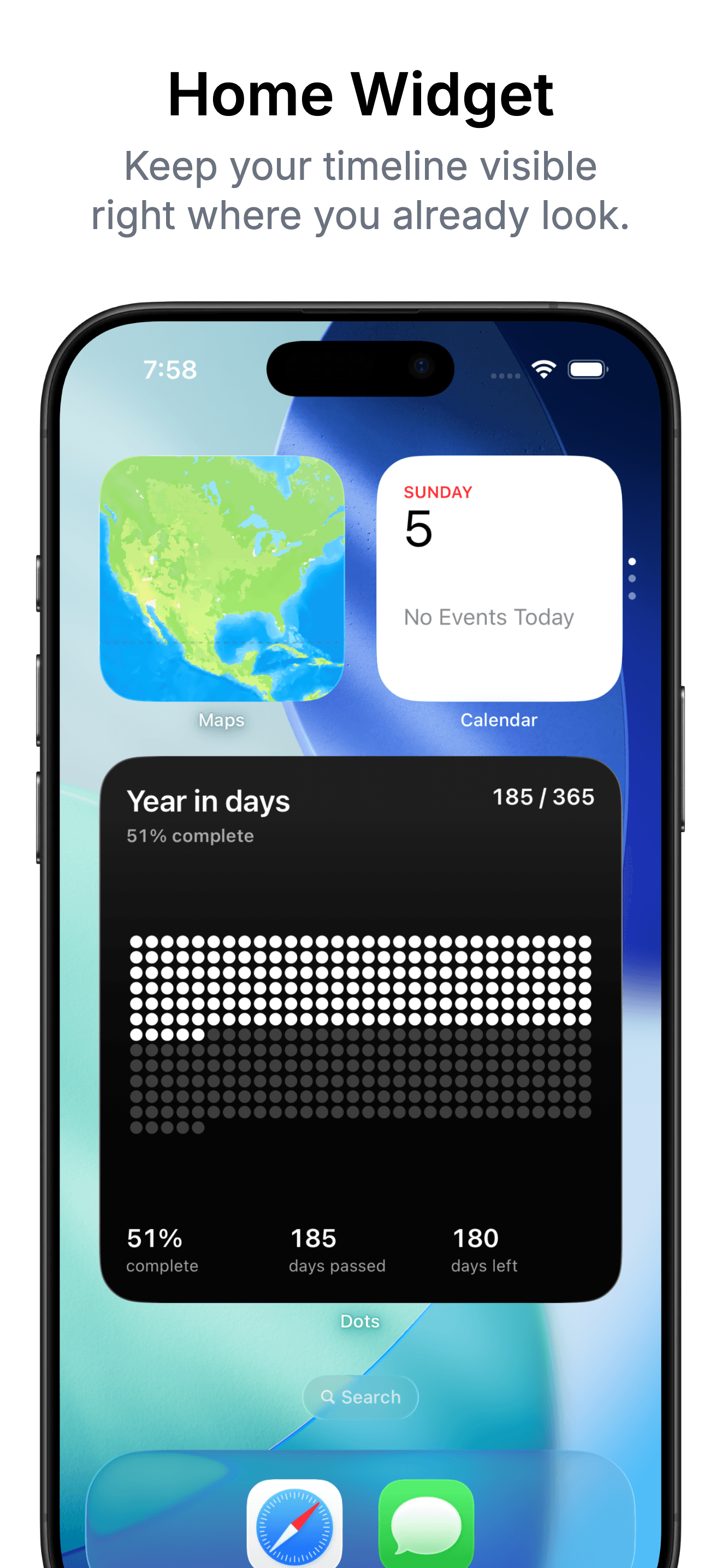 Dots year-in-days widget making the passage of time visible without a habit streak